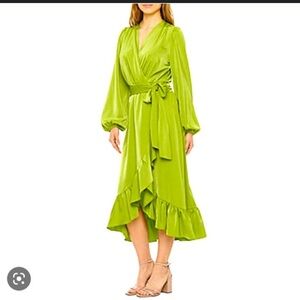 Ryegrass Long Sleeve Chartreuse Green Ruffle Wrap Dress Women’s Size L